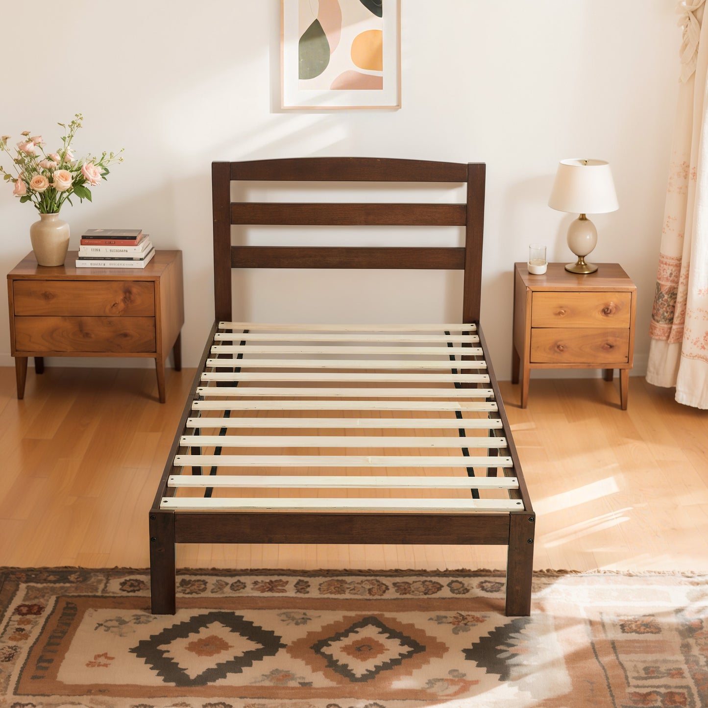 CHUN YI 12" Solid Wood Platform Bed Frame with Headboard