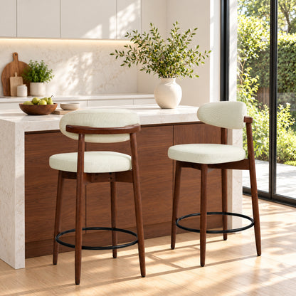 CHUN YI Beige Bar Height Stools Wooden Upholstered Curved Back Counter Height Bar Stool