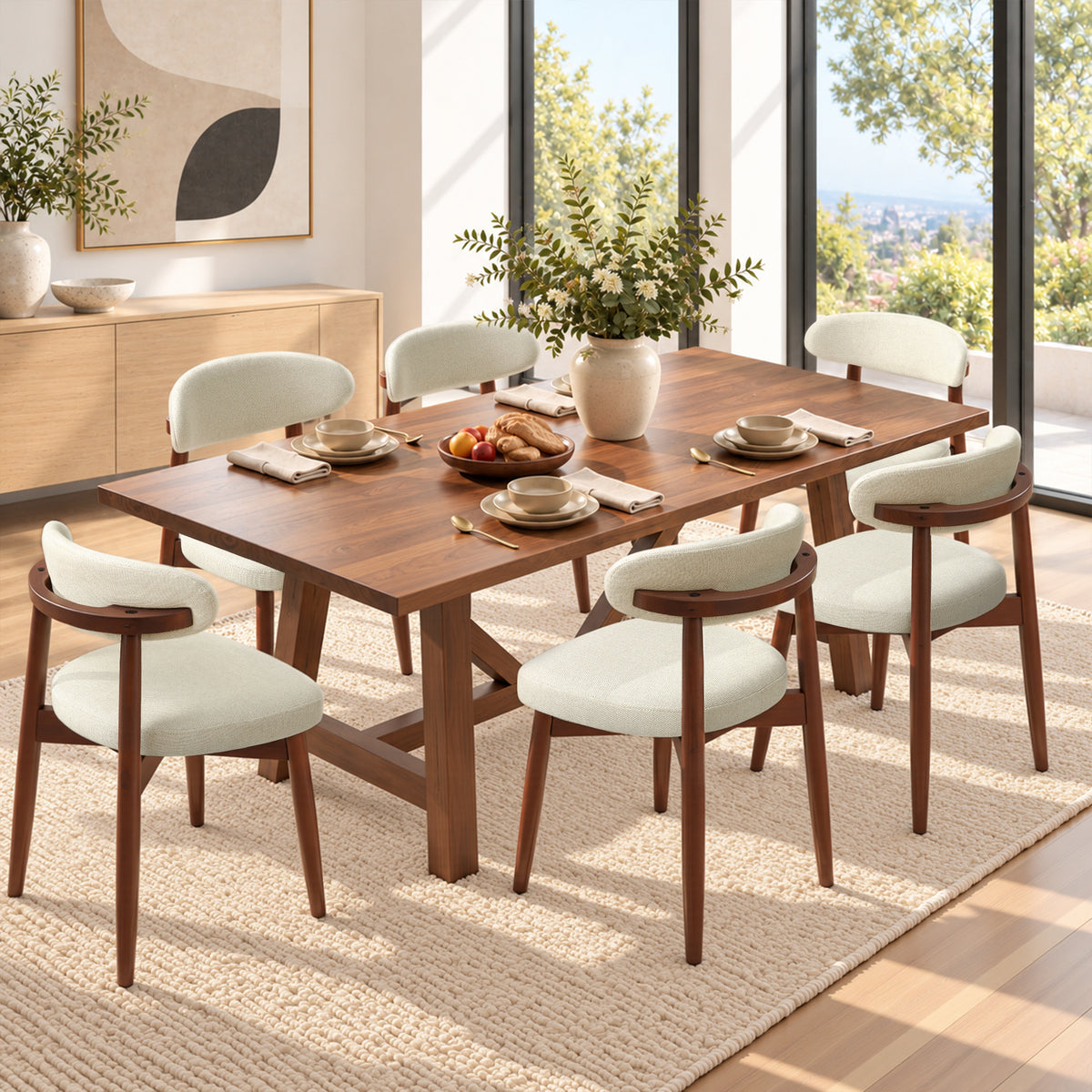CHUN YI Beige Dining Chairs Set of 2 Mid Century Modern Upholstered Side Dining Chair for Dining Room & Kitchen