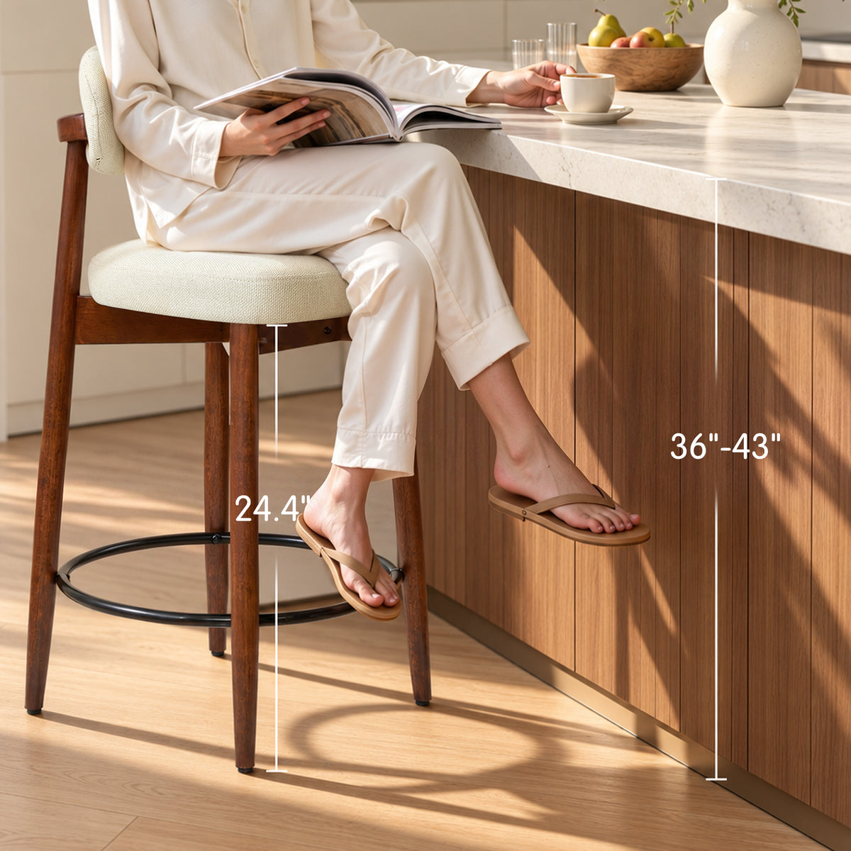 CHUN YI Beige Bar Height Stools Wooden Upholstered Curved Back Counter Height Bar Stool