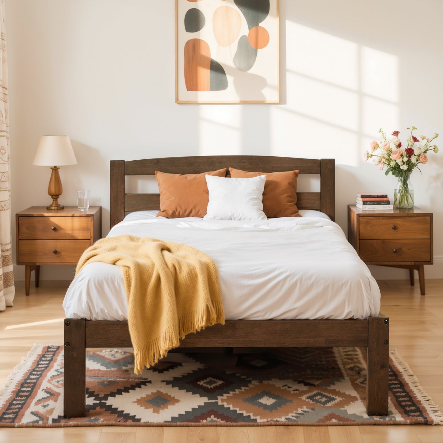 CHUN YI 12" Solid Wood Platform Bed Frame with Headboard