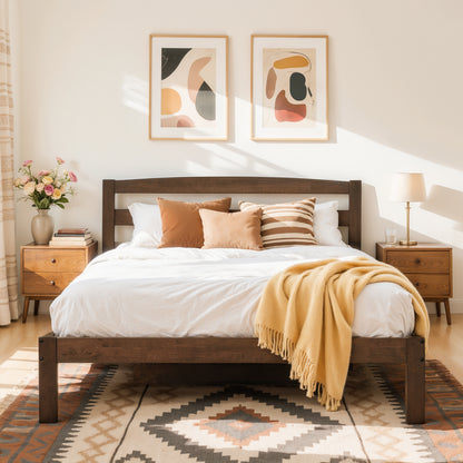 CHUN YI 12" Solid Wood Platform Bed Frame with Headboard