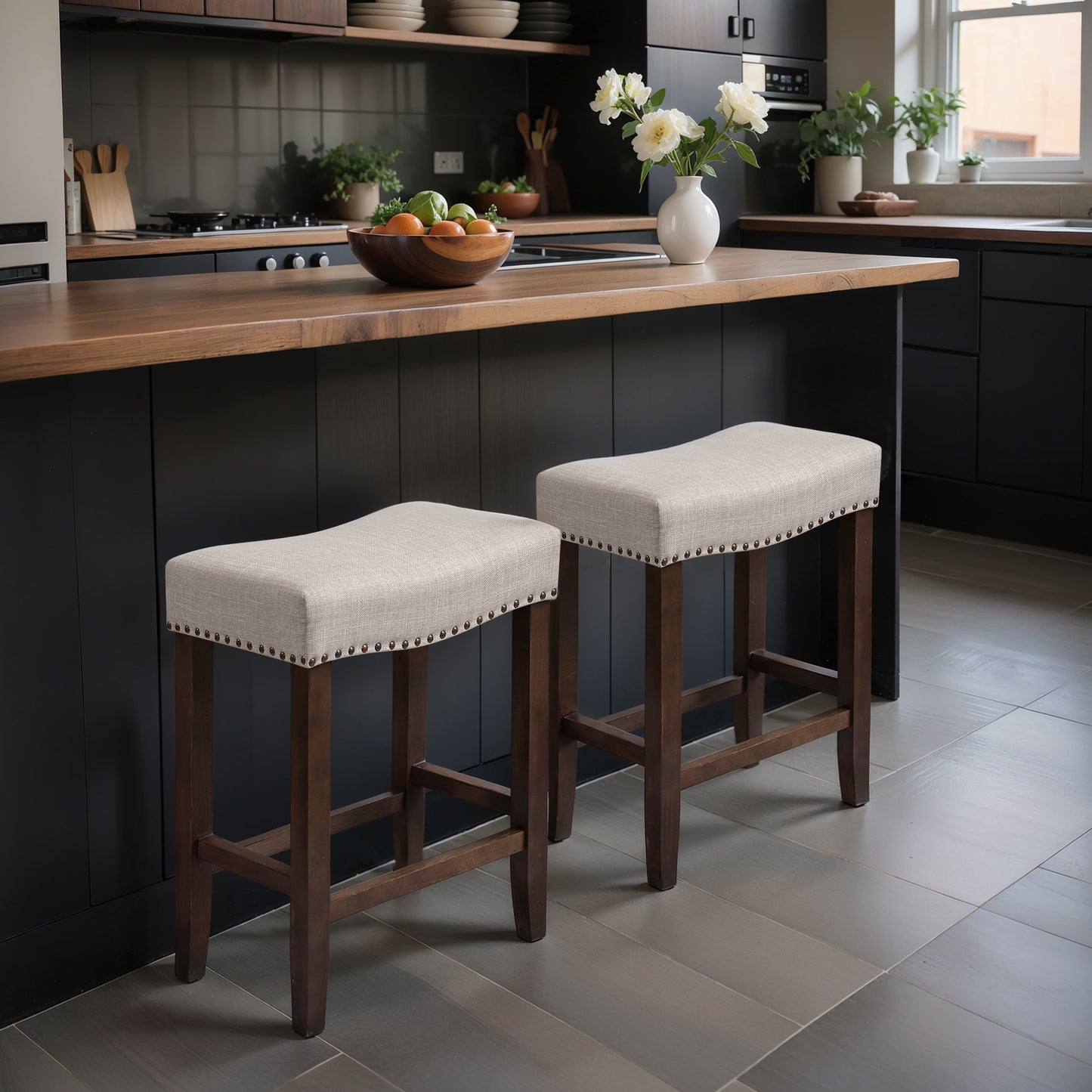 CHUN YI 24" Backless Counter Height Bar Stools, Upholstered Saddle Seat