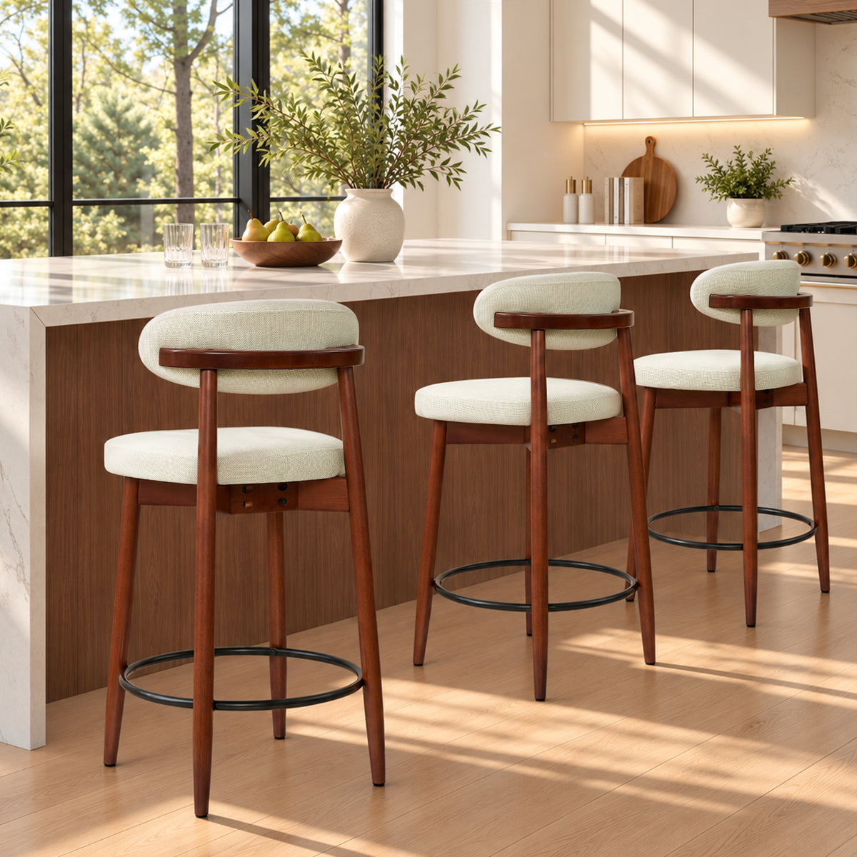 CHUN YI Beige Bar Height Stools Wooden Upholstered Curved Back Counter Height Bar Stool