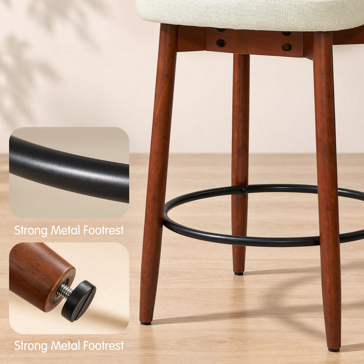 CHUN YI Beige Bar Height Stools Wooden Upholstered Curved Back Counter Height Bar Stool