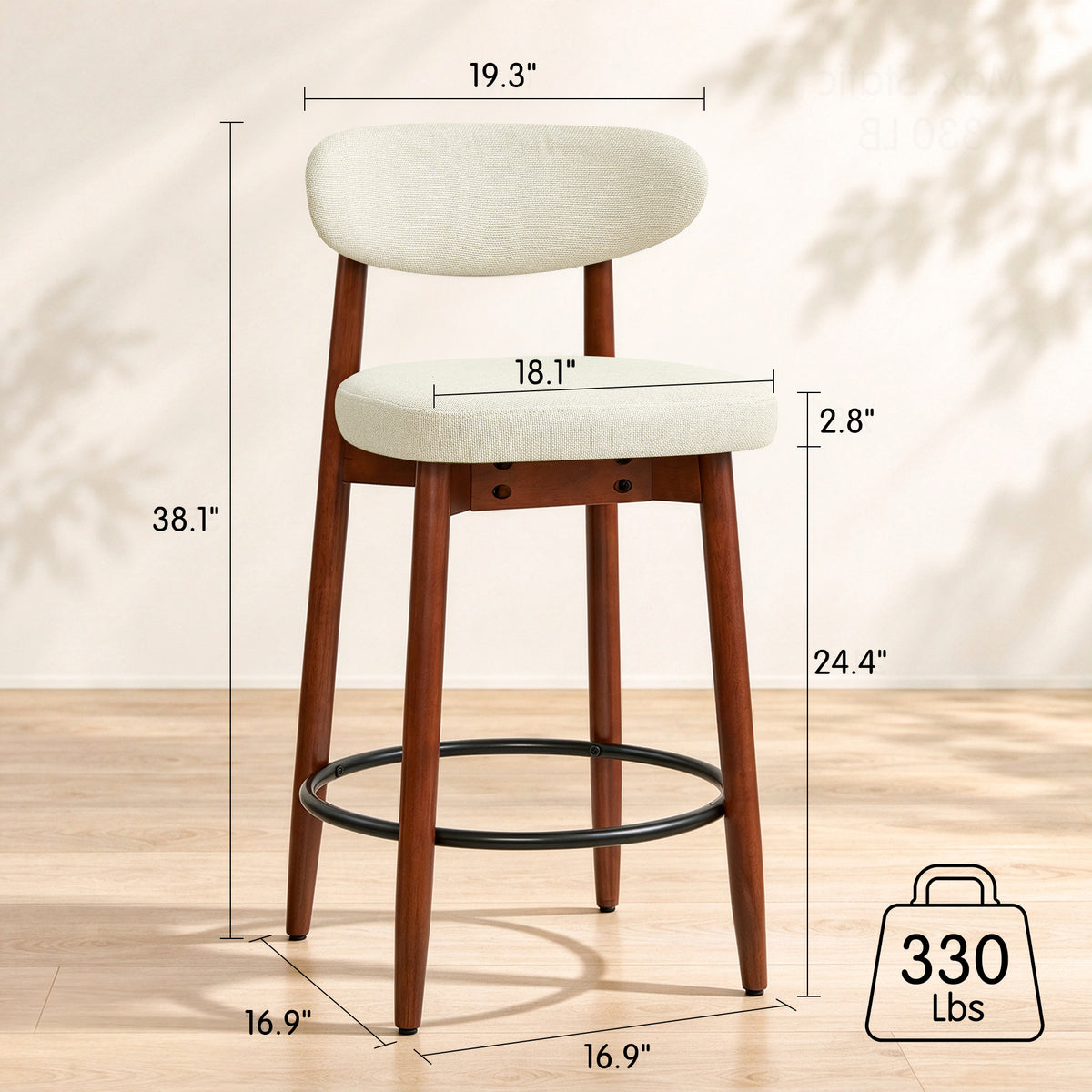 CHUN YI Beige Bar Height Stools Wooden Upholstered Curved Back Counter Height Bar Stool