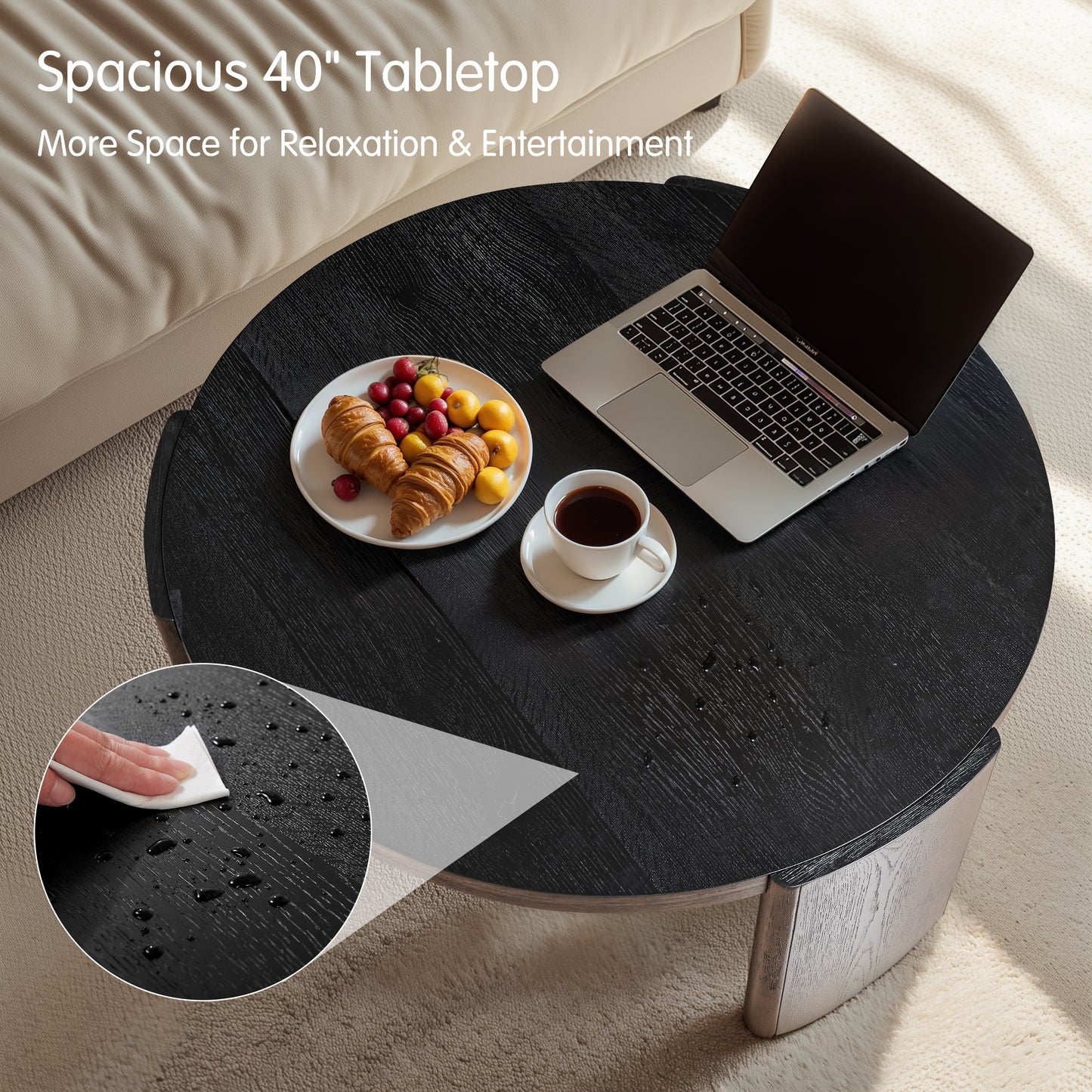 CHUN YI 40" Round Coffee Table for Living Room, Wood Grain Finish, Modern Wood Center Table