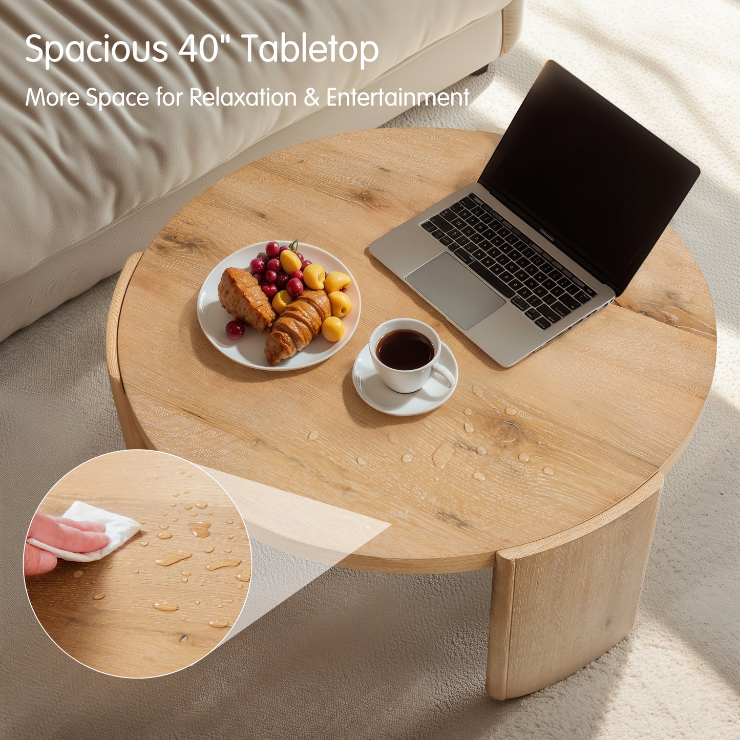 CHUN YI 40" Round Coffee Table for Living Room, Wood Grain Finish, Modern Wood Center Table