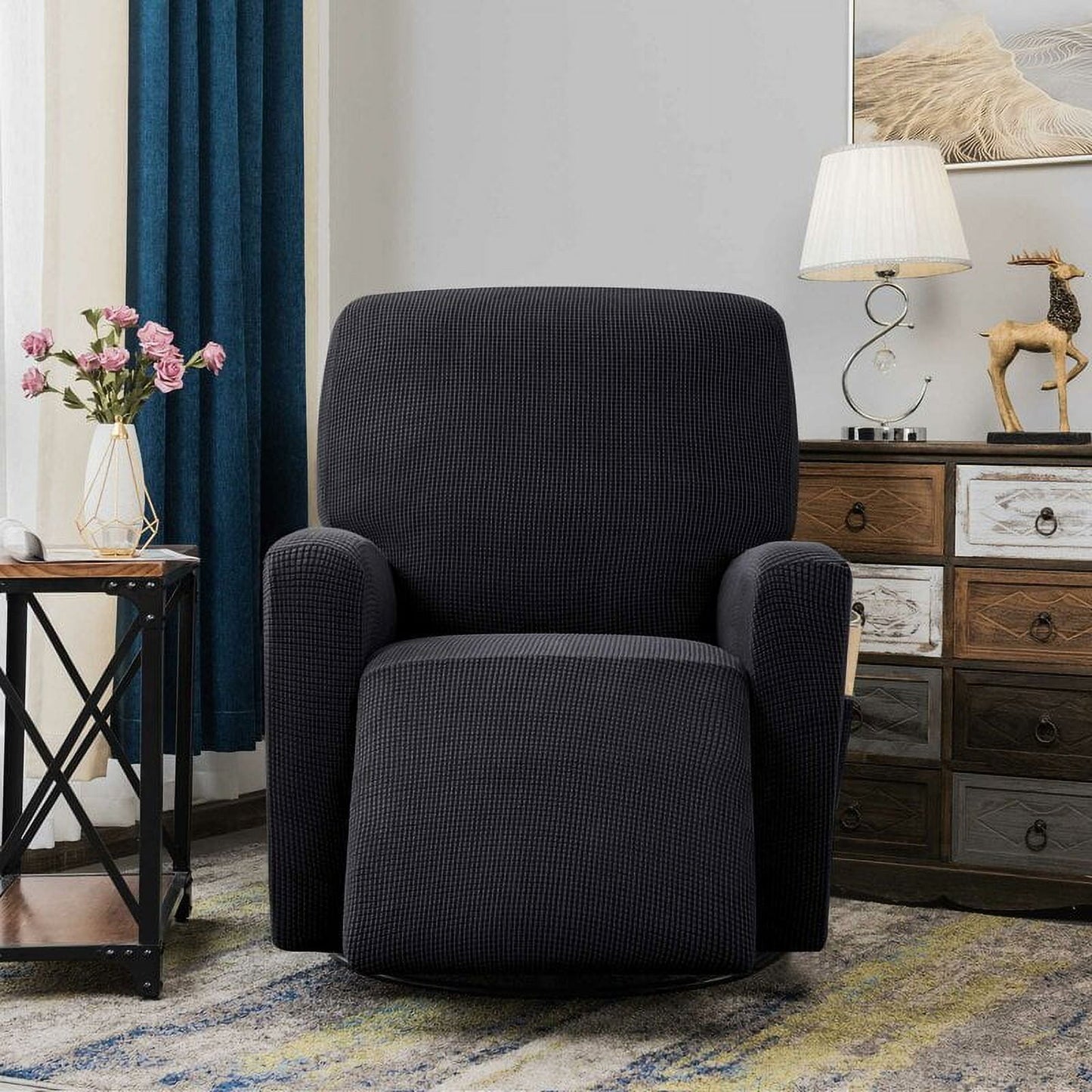CHUN YI 1 Piece Textured Grid Stretch Recliner Cover with Elastic Bottom Side Pocket for Living Room