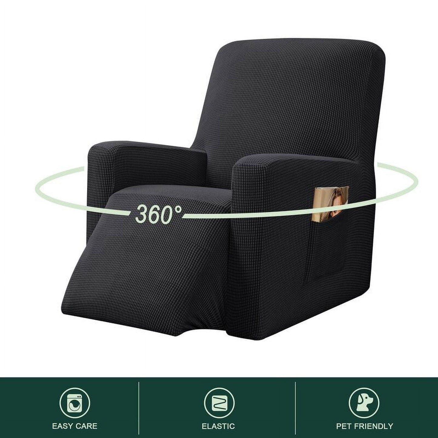CHUN YI 1 Piece Textured Grid Stretch Recliner Cover with Elastic Bottom Side Pocket for Living Room