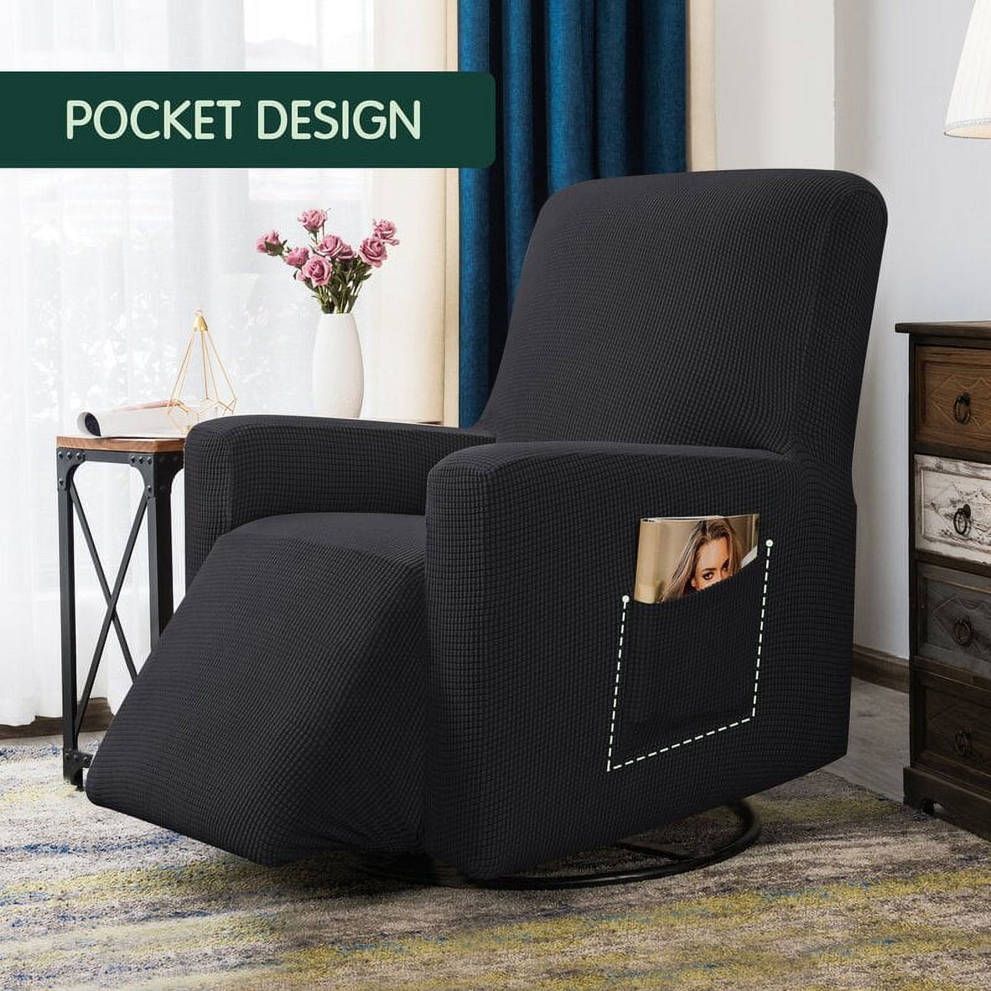 CHUN YI 1 Piece Textured Grid Stretch Recliner Cover with Elastic Bottom Side Pocket for Living Room